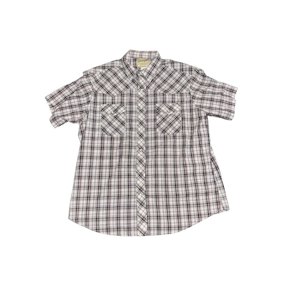 Wrangler Wrancher Short Sleeve Pearl Snap Western Plaid Shirt XL Cowboy Vintage